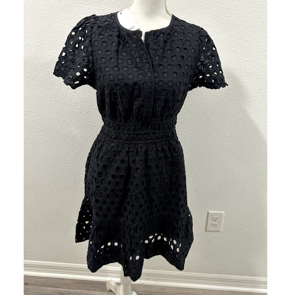 Quince Womens Lace Dress Casual Small Black Short Sleeve Boho Waist Tiered New